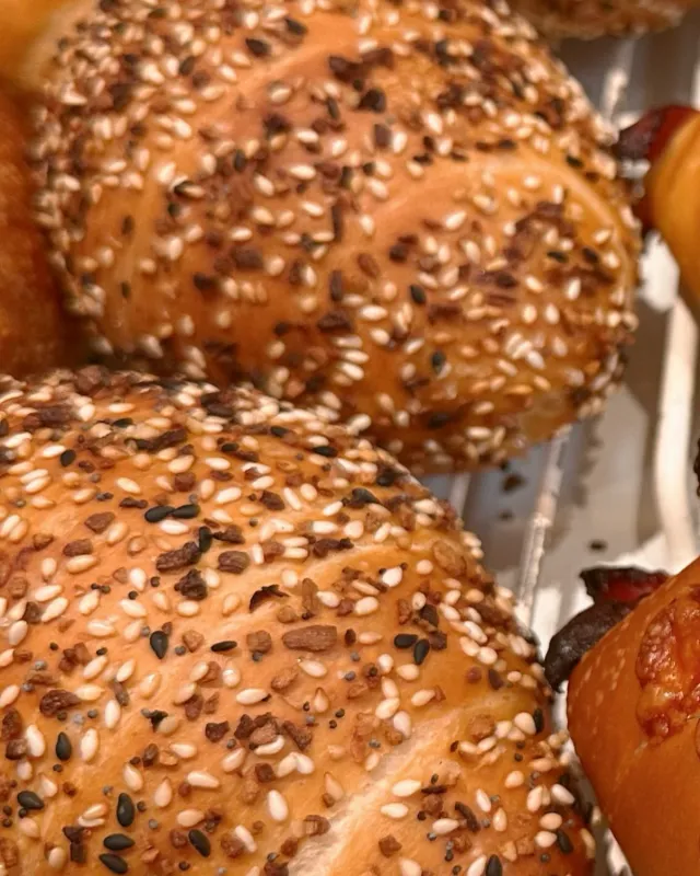 Everything salt breads covered in seeds, lined up on a tray