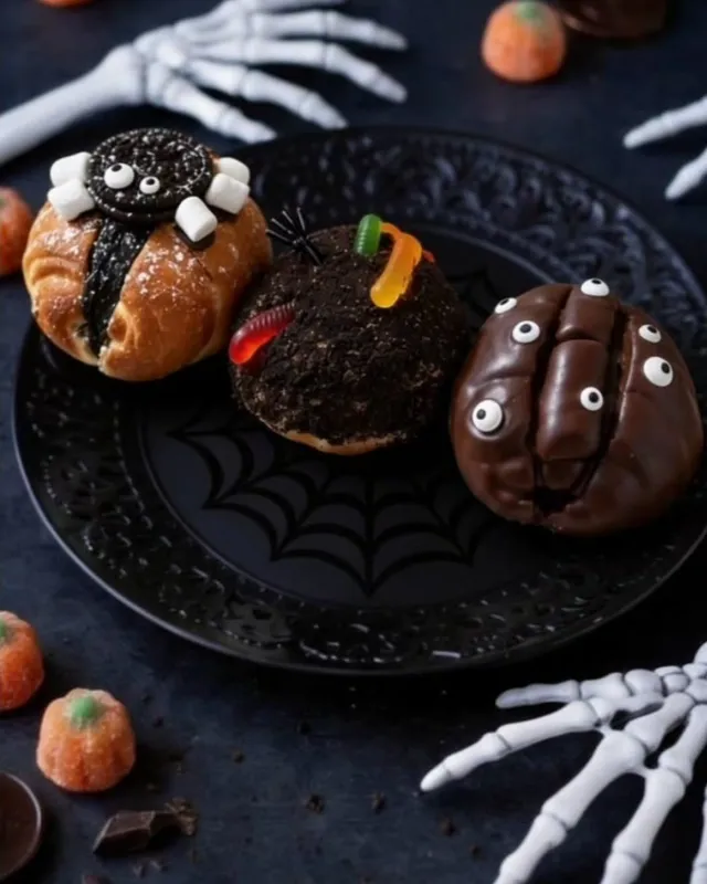Three Halloween salt breads: an Oreo spider, a chocolate ‘dirt and worms’, and a chocolate monster with candy eyes